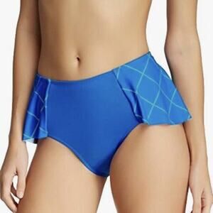 Spanx Swim Bottoms 10 Electric Blue Flirty Skirted Geo Print Shaping Suit NEW